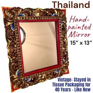 Vintage Thailand - Hand-Painted Wood Framed Mirror 1980’s LIKE NEW